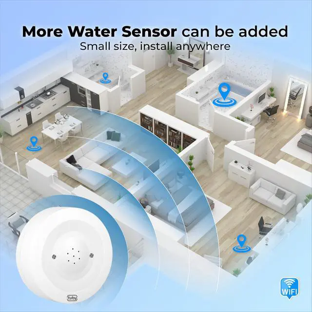 Alt view image 2 of 7 - WiFi Water Leak Detector No Hub Required, Easy Installation Smart Sensor for Home, Basement, Kitchen, Bathroom Moisture Sensor, Wireless, IP55 80dB Alarm Flood Sensors