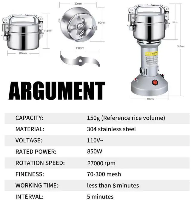 Alt view image 2 of 6 - Stainless Steel Grain Mill - Electric 850W High-speed Grinder for Corn, Wheat, Pepper, Coffee Bean
