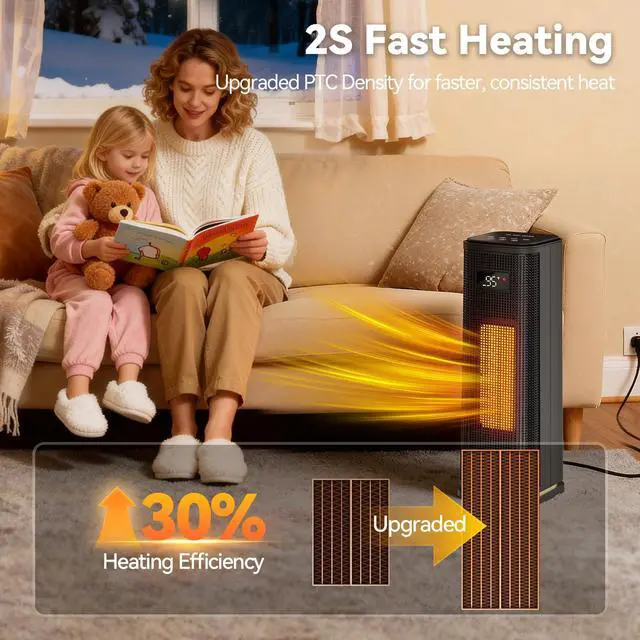 Alt view image 2 of 7 - Space Heater for Indoor Use, 15.9" Portable 1500W Fast Heating PTC Ceramic Heater with 12H Timer, Thermostat, 4 Modes, 45° Oscillation, Quiet & Safe for Home Office Bedroom