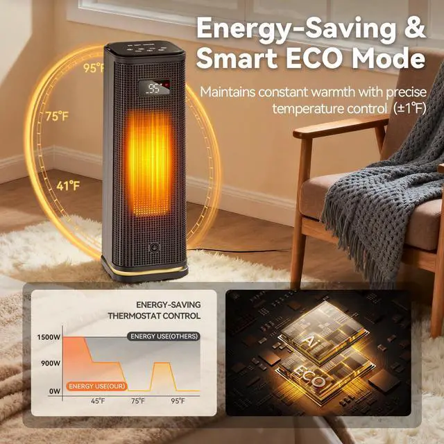 Alt view image 5 of 7 - Space Heater for Indoor Use, 15.9" Portable 1500W Fast Heating PTC Ceramic Heater with 12H Timer, Thermostat, 4 Modes, 45° Oscillation, Quiet & Safe for Home Office Bedroom