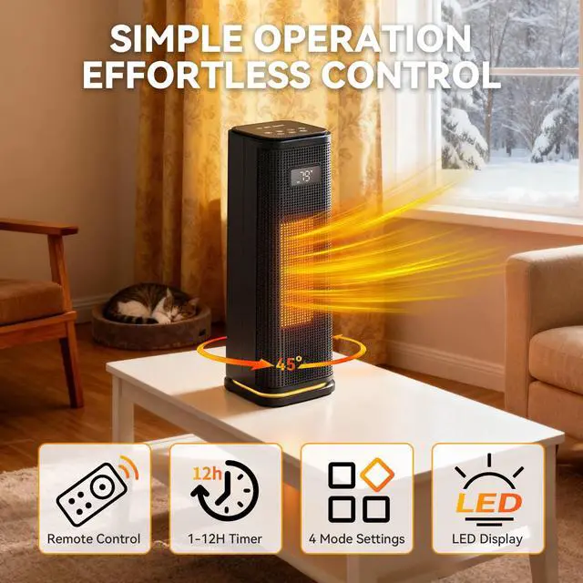 Alt view image 6 of 7 - Space Heater for Indoor Use, 15.9" Portable 1500W Fast Heating PTC Ceramic Heater with 12H Timer, Thermostat, 4 Modes, 45° Oscillation, Quiet & Safe for Home Office Bedroom