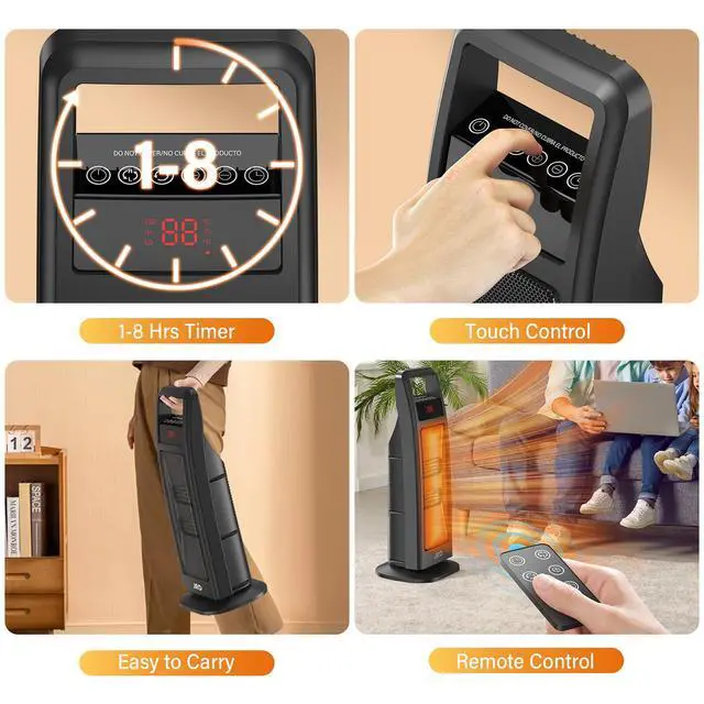 Alt view image 7 of 7 - Space Heater Indoor Use, 24" Fast Electric Heater with Remote, Thermostat, 75° Oscillation, 1-8H Timer, Safe Protection, 1500W Portable Heater for Large Room Bedroom Office Garage