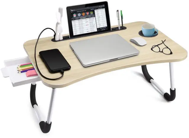 Main image of Lap Desk with Tablet Slot, Foldable Laptop Table with Storage DrawerPortable Bed Desk for Laptop, Computer Tray with Cup Holder Notebook Stand Reading Holder for Couch Floor, White Maple