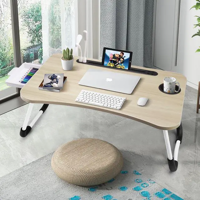 Alt view image 4 of 7 - Lap Desk with Tablet Slot, Foldable Laptop Table with Storage DrawerPortable Bed Desk for Laptop, Computer Tray with Cup Holder Notebook Stand Reading Holder for Couch Floor, White Maple