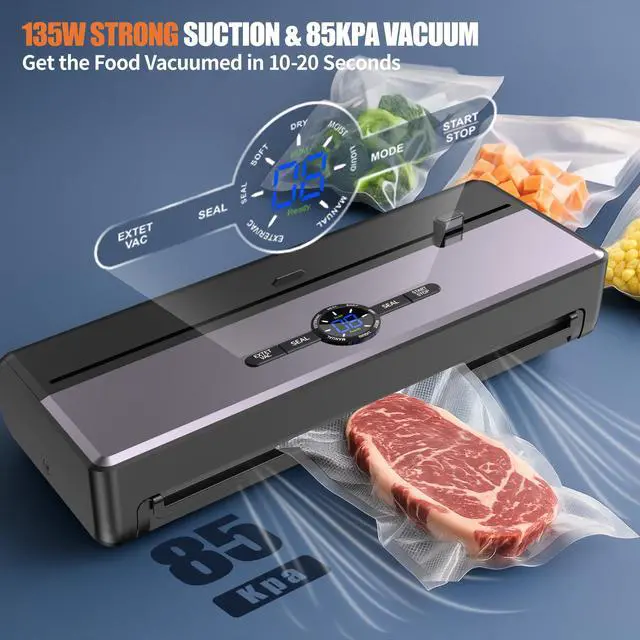 Alt view image 3 of 7 - Sealer Machine for Food Storage, 85KPA Strong Suction, Dry/Moist Mode, Automatic Seal in 10-20 Seconds with 10 Vacuum Bags & 1 Roll, Built-in Cutter, Bag Storage & Vacuum Hose, for Home Kitchen Use