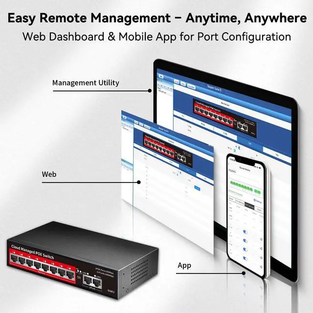 Alt view image 4 of 7 - PoE+ Switch, 8 Port Managed PoE Ethernet Switch(8 POE Ports +2 Uplink),120W Built-in Power, Support VLAN, QoS, Fanless Metal, Plug & Play (Desktop/Wall Mount)
