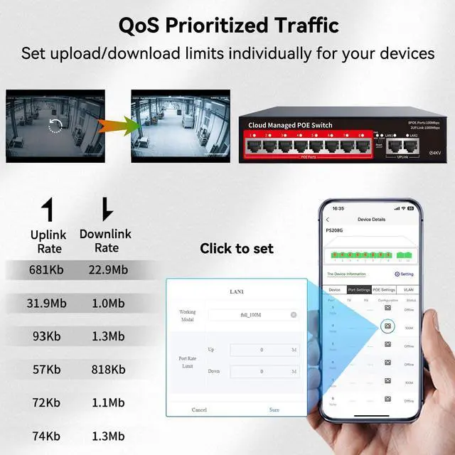 Alt view image 6 of 7 - PoE+ Switch, 8 Port Managed PoE Ethernet Switch(8 POE Ports +2 Uplink),120W Built-in Power, Support VLAN, QoS, Fanless Metal, Plug & Play (Desktop/Wall Mount)