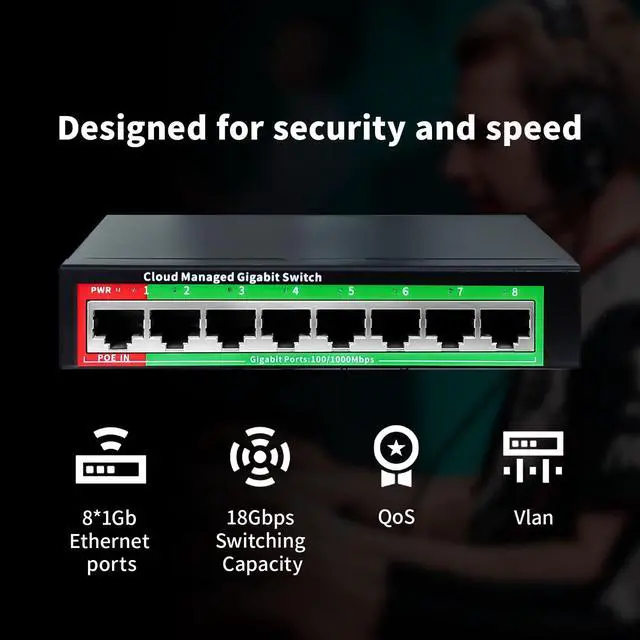 Alt view image 7 of 7 - 8-Port Gigabit Ethernet Switch | Smart Managed with VLAN & QoS | Plug & Play Desktop/Wall-Mount Network Hub w/ PoE in Design | Metal Housing & Web Managed(Includes Power Adapter)