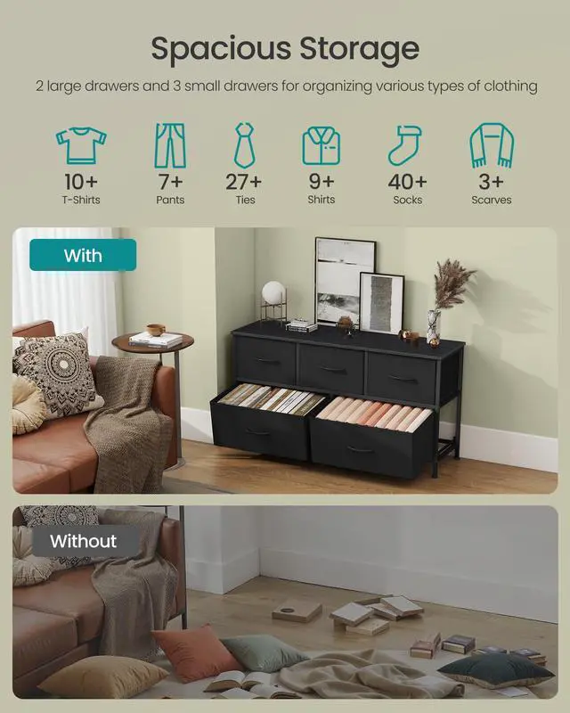 Alt view image 3 of 6 - Dresser for Bedroom, Chest of Drawers, Steel, MDF, 5 Non-Woven Fabric Drawers, Storage Organizer Unit, Closet, Entryway, Ink Black and Ebony Black ULGS322B01S