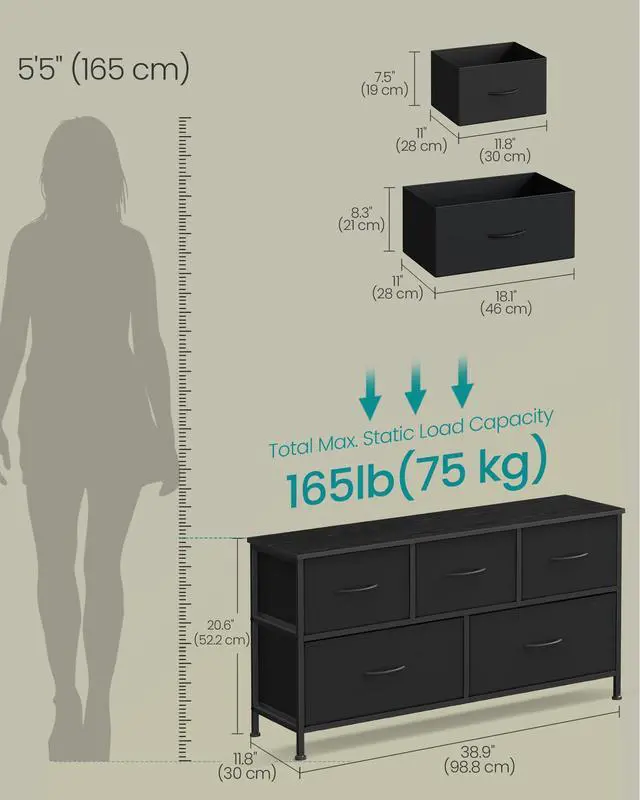 Alt view image 5 of 6 - Dresser for Bedroom, Chest of Drawers, Steel, MDF, 5 Non-Woven Fabric Drawers, Storage Organizer Unit, Closet, Entryway, Ink Black and Ebony Black ULGS322B01S