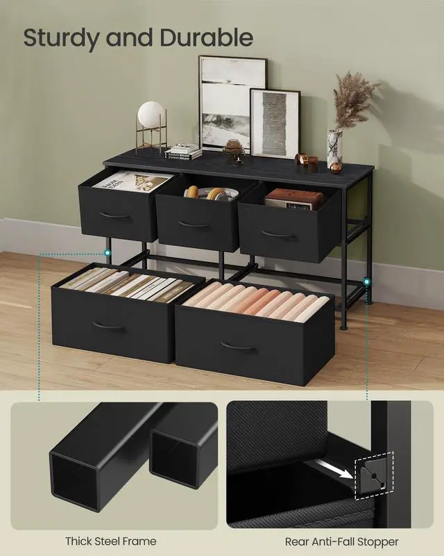 Alt view image 6 of 6 - Dresser for Bedroom, Chest of Drawers, Steel, MDF, 5 Non-Woven Fabric Drawers, Storage Organizer Unit, Closet, Entryway, Ink Black and Ebony Black ULGS322B01S