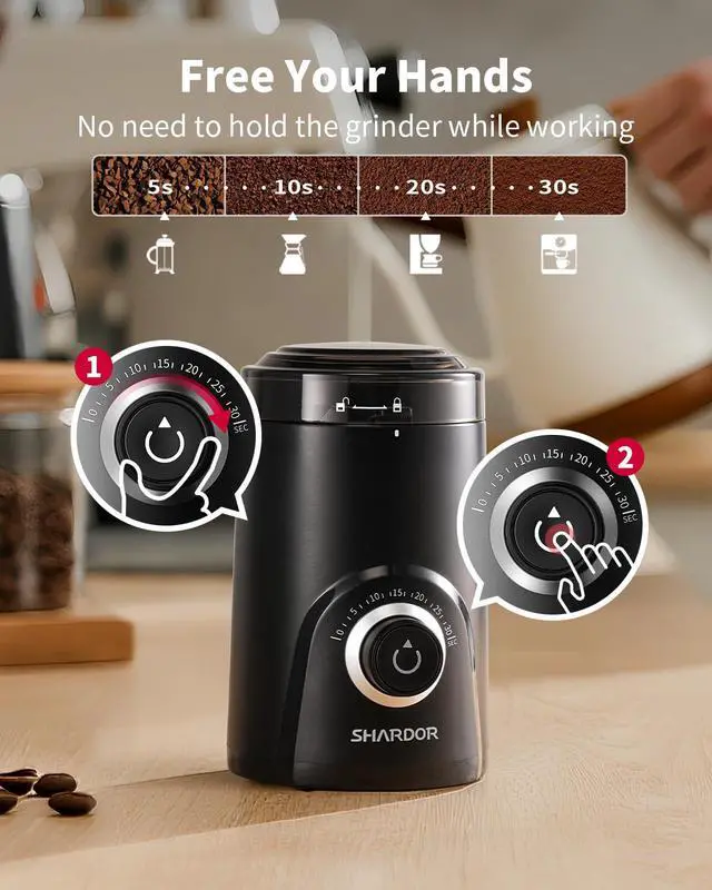 Alt view image 4 of 7 - Electric Super Silent Blade Coffee Grinder, Timed Grind Control Rotary Knob, Adjustable Coarse to Fine for Coffee Beans, Spices & Herbs, Black
