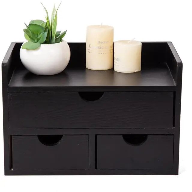 Main image of Rustic Distressed white 3-Tier Wood Desk Organizer with 3 Drawers Mini Storage Shelf For Desk, Toiletries Vanity Office Supplies (Black)