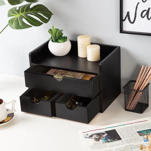 Alt view image 2 of 6 - Rustic Distressed white 3-Tier Wood Desk Organizer with 3 Drawers Mini Storage Shelf For Desk, Toiletries Vanity Office Supplies (Black)