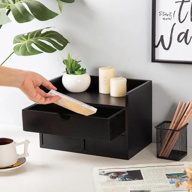 Alt view image 3 of 6 - Rustic Distressed white 3-Tier Wood Desk Organizer with 3 Drawers Mini Storage Shelf For Desk, Toiletries Vanity Office Supplies (Black)