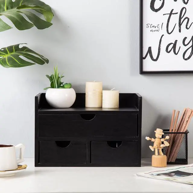 Alt view image 4 of 6 - Rustic Distressed white 3-Tier Wood Desk Organizer with 3 Drawers Mini Storage Shelf For Desk, Toiletries Vanity Office Supplies (Black)