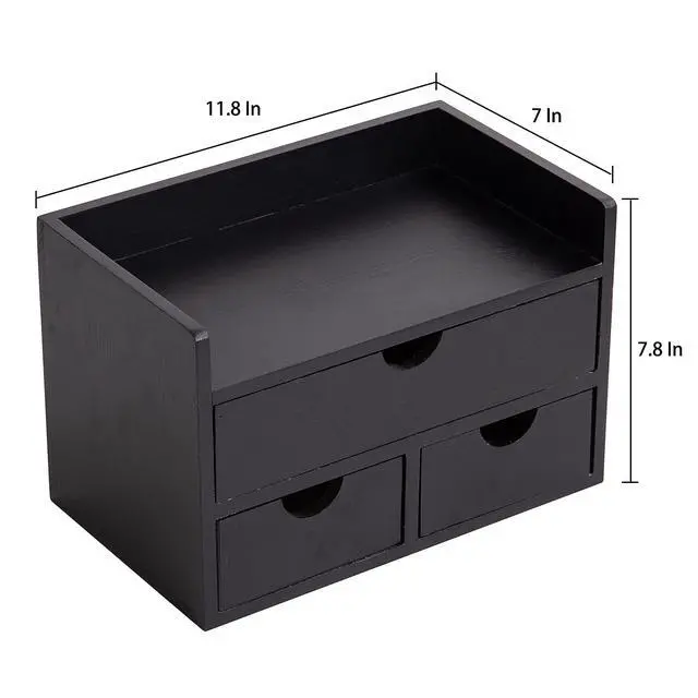 Alt view image 5 of 6 - Rustic Distressed white 3-Tier Wood Desk Organizer with 3 Drawers Mini Storage Shelf For Desk, Toiletries Vanity Office Supplies (Black)