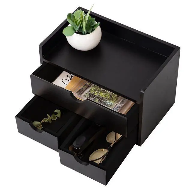 Alt view image 6 of 6 - Rustic Distressed white 3-Tier Wood Desk Organizer with 3 Drawers Mini Storage Shelf For Desk, Toiletries Vanity Office Supplies (Black)