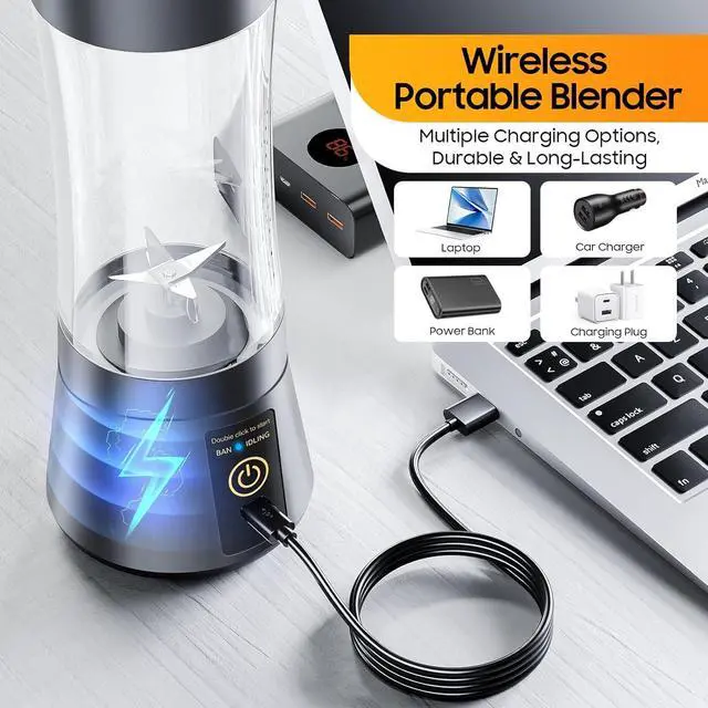 Alt view image 4 of 7 - Portable Blender, Cordless Personal Smoothie Blender with USB Rechargeable & 6 Blades, Compact Mini Juicer Powerful Blending for Shakes/Fruits/Veggies/Travel/Home/Office/Gym/Camping