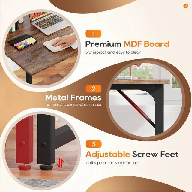 Alt view image 4 of 7 - | 32 Inch Computer Desk | Brown | Office Desk with Metal Frame, Adjustable Feet | Water-Resistant, Scratchproof Surface | Sturdy Writing Table for Home Office or Study | Pack of 1