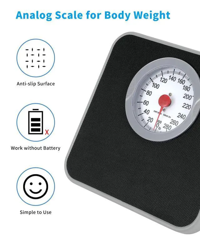 Alt view image 2 of 7 - Analog Scale for Body Weight, Mechanical Bathroom Scale, 300lb Analog Weight Scale, Dial Scale with Wider and Thicker Anti-Slip Platform, Simple Calibration, No Battery Required