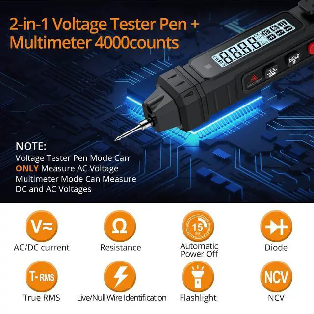 Alt view image 3 of 7 - 2 in 1 Pen Type Digital Multimeter Voltage Tester 4000 Counts Intelligent TRMS Multimeter Non-Contact Voltmeter for Testing AC/DC Voltage Resistance Continuity Capacitance Diode Live Wire