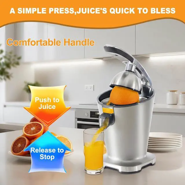 Alt view image 2 of 7 - Electric Citrus Juicer, Automatic Orange Juicer Squeezer with Soft-Grip Handle, Orange Juice Extractor Machines for Lemon Lime Grapefruit, Auto Shut-Off & Dishwasher Safe Parts, Silver
