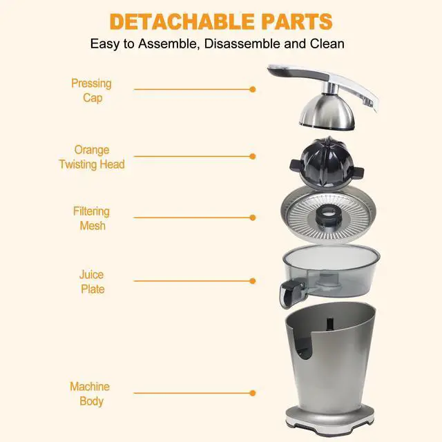 Alt view image 6 of 7 - Electric Citrus Juicer, Automatic Orange Juicer Squeezer with Soft-Grip Handle, Orange Juice Extractor Machines for Lemon Lime Grapefruit, Auto Shut-Off & Dishwasher Safe Parts, Silver