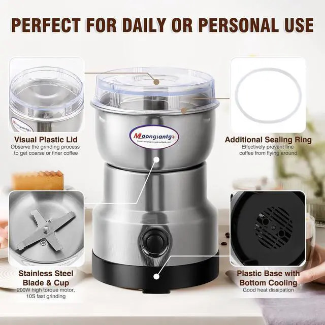 Alt view image 2 of 6 - Coffee Grinder Electric, Mini Spice Grinder, 200W 10s Fast Grinding, Dry Grain Mill for Spices Seeds Rice Beans Seasonings, with Replacment Stainless Steel Blade (Silver, 110V)