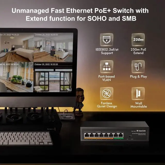 Alt view image 2 of 7 - 8 Port PoE Switch with 6 PoE+ Port, 2 Uplink, 100Mbps, 78W AI Detection IEEE802.3af/at, Fanless Metal Plug & Play Network Switch