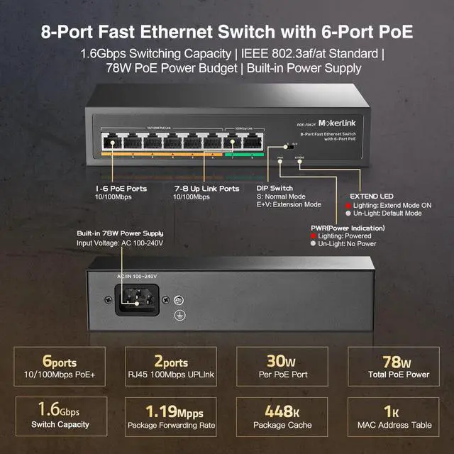 Alt view image 4 of 7 - 8 Port PoE Switch with 6 PoE+ Port, 2 Uplink, 100Mbps, 78W AI Detection IEEE802.3af/at, Fanless Metal Plug & Play Network Switch