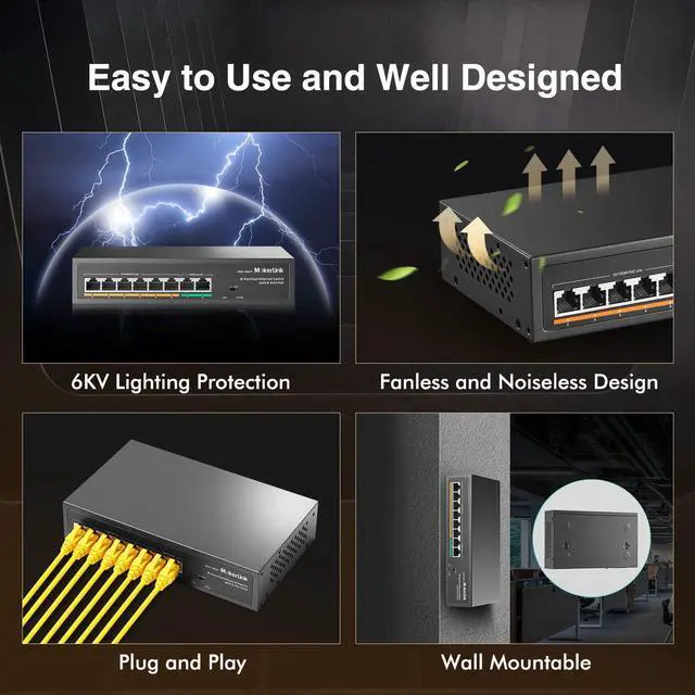 Alt view image 6 of 7 - 8 Port PoE Switch with 6 PoE+ Port, 2 Uplink, 100Mbps, 78W AI Detection IEEE802.3af/at, Fanless Metal Plug & Play Network Switch