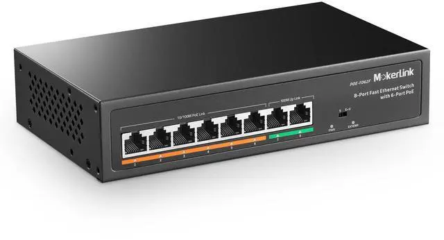 Main image of 8 Port PoE Switch with 6 PoE+ Port, 2 Uplink, 100Mbps, 78W AI Detection IEEE802.3af/at, Fanless Metal Plug & Play Network Switch