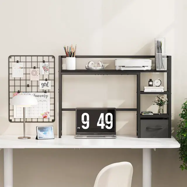 Alt view image 4 of 7 - Desk Shelf with Drawer, 40" Desk Hutch for Computer Monitor, Desk Shelf for top of Desk, Wooden Desktop Bookshelf Storage Rack for Home Office Dorm - Black