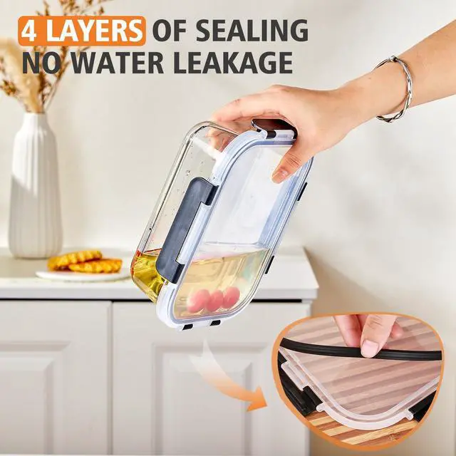 Alt view image 4 of 7 - 8 Pack 36OZ Glass Food Storage Containers with Lids, Meal Prep Containers, Airtight Bento Boxes with Leak Proof Locking for Microwave, Oven, Freezer and Dishwasher, BPA Free