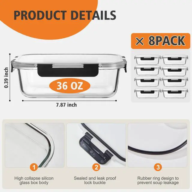 Alt view image 5 of 7 - 8 Pack 36OZ Glass Food Storage Containers with Lids, Meal Prep Containers, Airtight Bento Boxes with Leak Proof Locking for Microwave, Oven, Freezer and Dishwasher, BPA Free