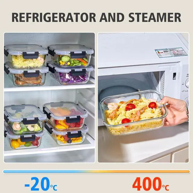 Alt view image 6 of 7 - 8 Pack 36OZ Glass Food Storage Containers with Lids, Meal Prep Containers, Airtight Bento Boxes with Leak Proof Locking for Microwave, Oven, Freezer and Dishwasher, BPA Free