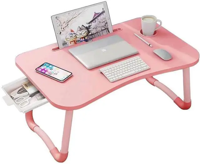 Main image of Laptop Desk Foldable Bed Table, Portable Lap Desk Laptop Bed Tray Table with Storage Drawer and Cup Holder, Lap TraysTables Notebook Stand Reading Desks Breakfast Tray for Beds Couch Sofa Floor Pink