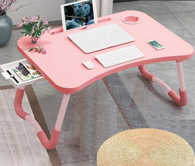 Alt view image 2 of 7 - Laptop Desk Foldable Bed Table, Portable Lap Desk Laptop Bed Tray Table with Storage Drawer and Cup Holder, Lap TraysTables Notebook Stand Reading Desks Breakfast Tray for Beds Couch Sofa Floor Pink