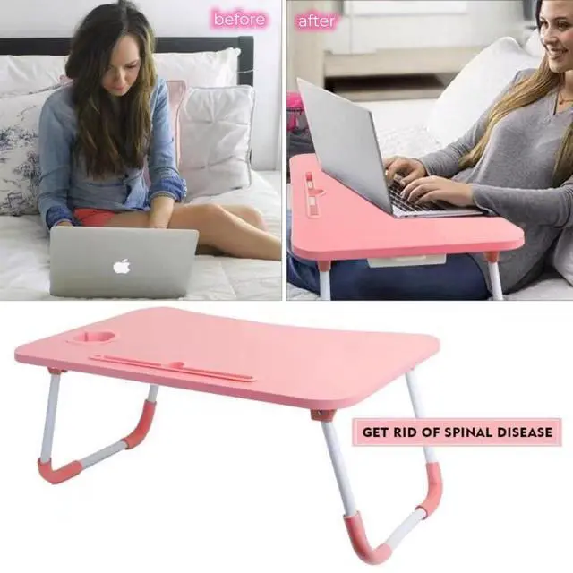 Alt view image 3 of 7 - Laptop Desk Foldable Bed Table, Portable Lap Desk Laptop Bed Tray Table with Storage Drawer and Cup Holder, Lap TraysTables Notebook Stand Reading Desks Breakfast Tray for Beds Couch Sofa Floor Pink