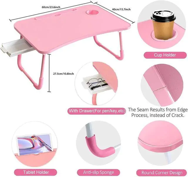 Alt view image 5 of 7 - Laptop Desk Foldable Bed Table, Portable Lap Desk Laptop Bed Tray Table with Storage Drawer and Cup Holder, Lap TraysTables Notebook Stand Reading Desks Breakfast Tray for Beds Couch Sofa Floor Pink