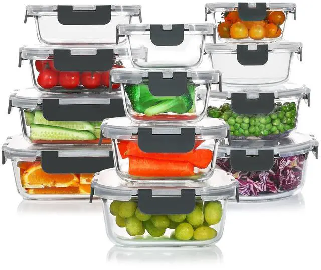Main image of 24 Pieces Glass Food Storage Containers Set,Meal Prep Containers-Stackable Airtight Glass Storage Containers with lids,Freezer, Microwave, Oven Safe,Gray