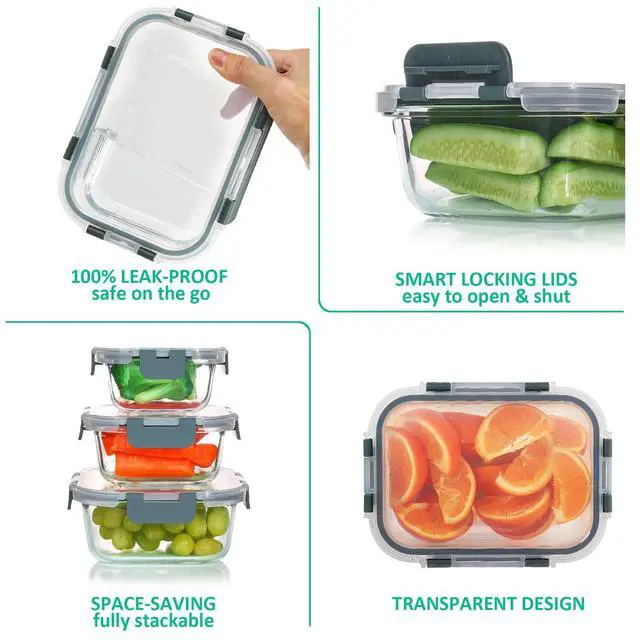 Alt view image 4 of 6 - 24 Pieces Glass Food Storage Containers Set,Meal Prep Containers-Stackable Airtight Glass Storage Containers with lids,Freezer, Microwave, Oven Safe,Gray