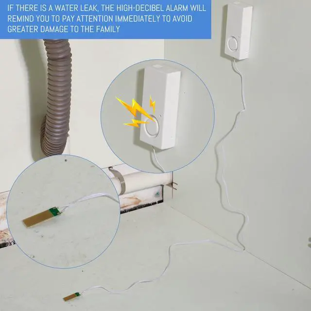 Alt view image 3 of 7 - 5 Pcs Water Sensor Alarm Leak Detector 120db Water Leak Alarm 9v Battery Flood Sensor Detector Overflow Security Alert for Home Basement Kitchen Garage Bath Tub Sink, White