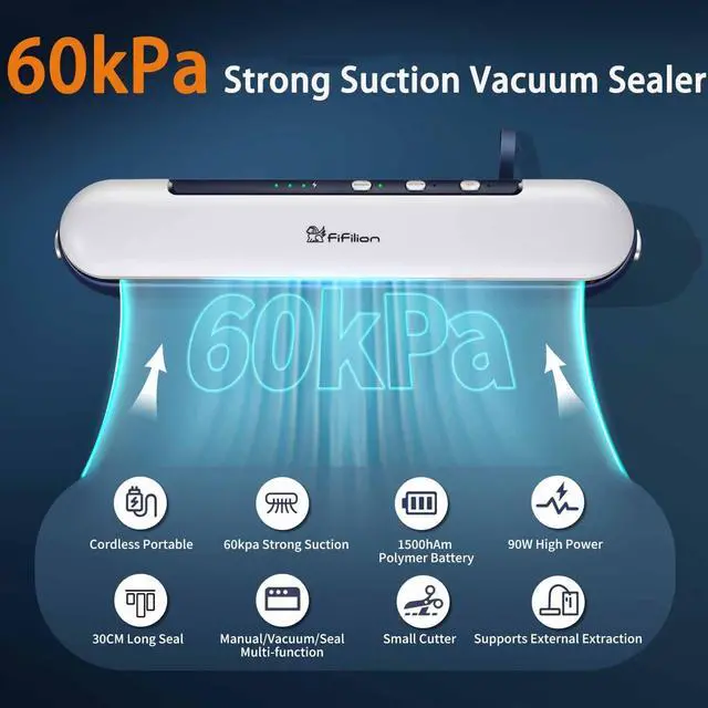 Alt view image 4 of 7 - Portable Vacuum Sealer Machine, Cordless & Rechargeable, 1500mAh Battery, 60Kpa Strong Suction, One-Touch Food Saver for Dry/Moist/Oily Items, Compact Design with Built-in Cutter