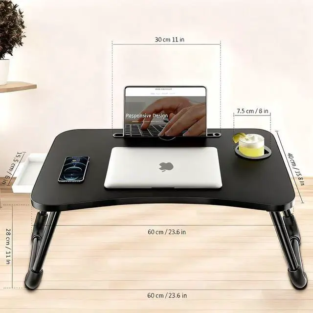 Alt view image 6 of 7 - Laptop Bed Table, Portable Foldable Laptop Bed Desk with Storage Drawer and Cup Holder, Lap Desk Lap Stand Tray Table Floor Table Serving Tray for Eating, Reading and Working