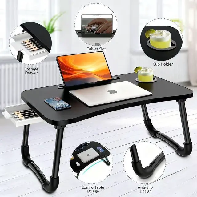 Alt view image 3 of 7 - Laptop Bed Table, Portable Foldable Laptop Bed Desk with Storage Drawer and Cup Holder, Lap Desk Lap Stand Tray Table Floor Table Serving Tray for Eating, Reading and Working