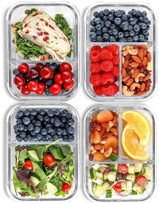 Main image of Glass Meal Prep Containers, 2 & 3 Compartments - Portion Control, Lunch Container Set, Food Storage, Airtight Lids, Oven & Freezer Safe, Leak-Proof Bento Box, 32 oz, Blue, 4 Pack