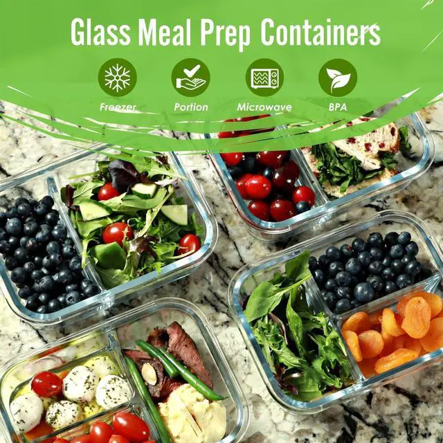 Alt view image 2 of 7 - Glass Meal Prep Containers, 2 & 3 Compartments - Portion Control, Lunch Container Set, Food Storage, Airtight Lids, Oven & Freezer Safe, Leak-Proof Bento Box, 32 oz, Blue, 4 Pack
