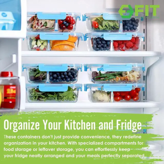 Alt view image 3 of 7 - Glass Meal Prep Containers, 2 & 3 Compartments - Portion Control, Lunch Container Set, Food Storage, Airtight Lids, Oven & Freezer Safe, Leak-Proof Bento Box, 32 oz, Blue, 4 Pack